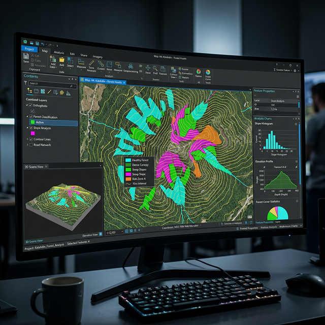 Interfaz de software GIS profesional mostrando análisis de cobertura forestal