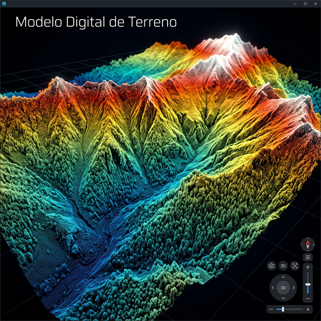 Modelo digital de terreno LiDAR en 3D con gradiente de elevación